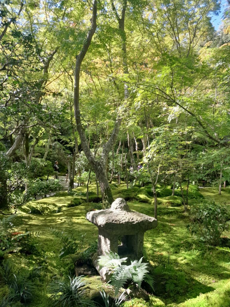 Lanterne japonaise traditionnelle en pierre au milieu d'une forêt de bambous et de mousse verdoyante au temple Gio-ji à Kyoto